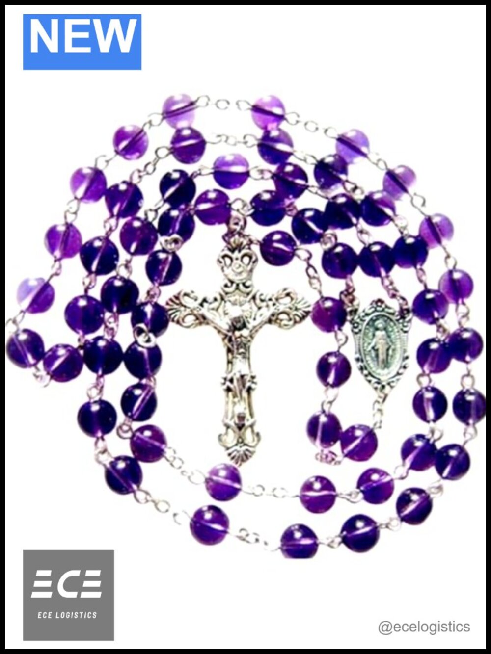 8MM Amethyst Beads Rosary Cross Crucifix Catholic Necklace